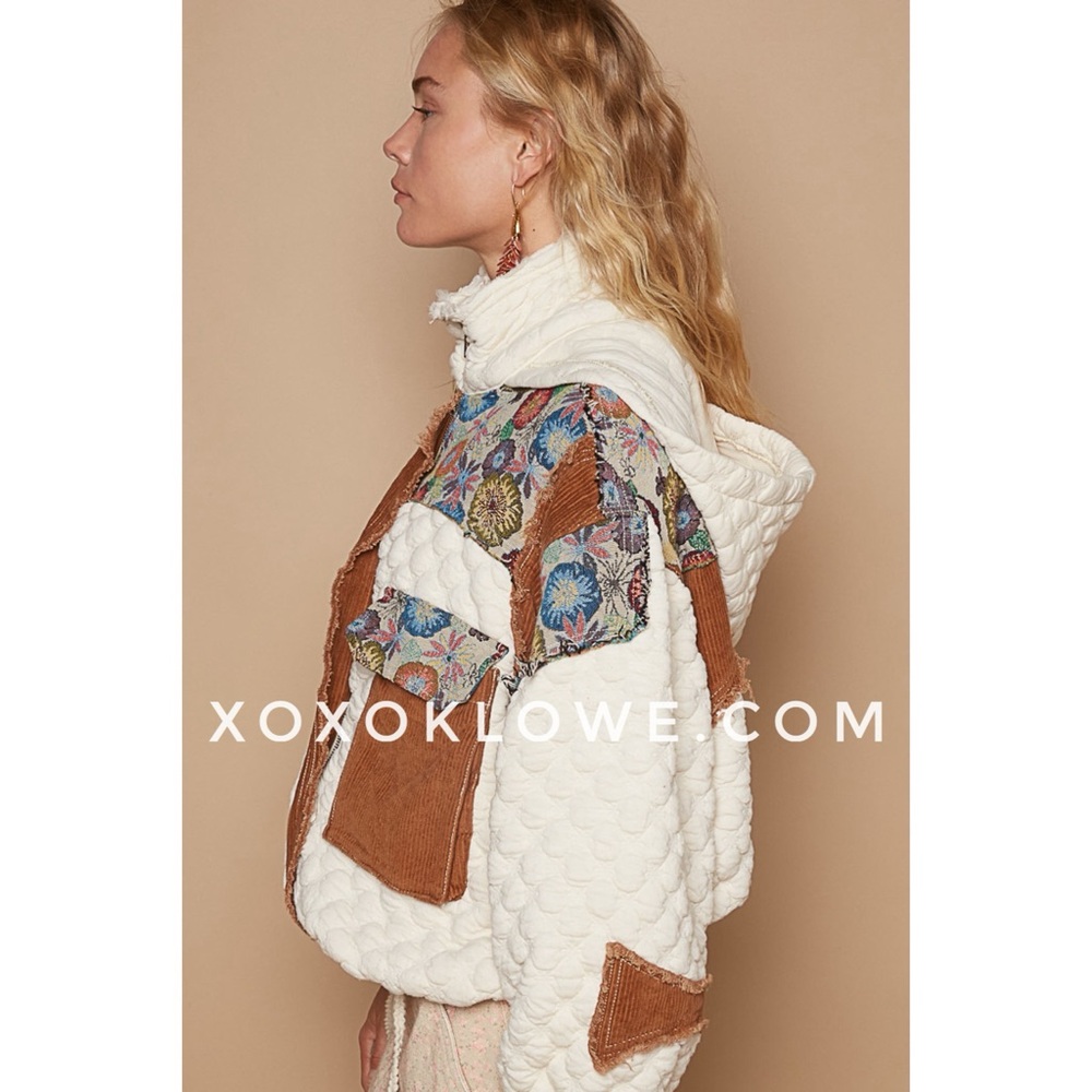 POL Cream Quilted Zip Up Jacket with Floral Jacquard & Corduroy Contrast - Picture 7 of 9